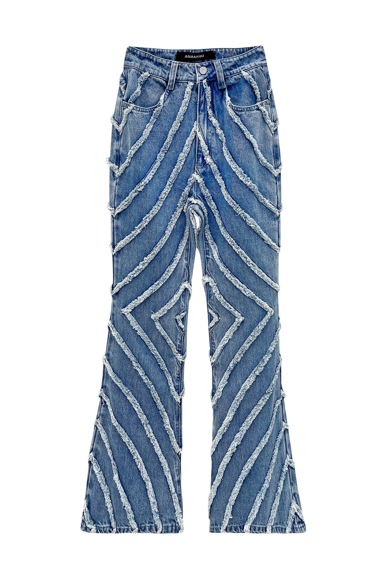Rough-edged denim flared trousers