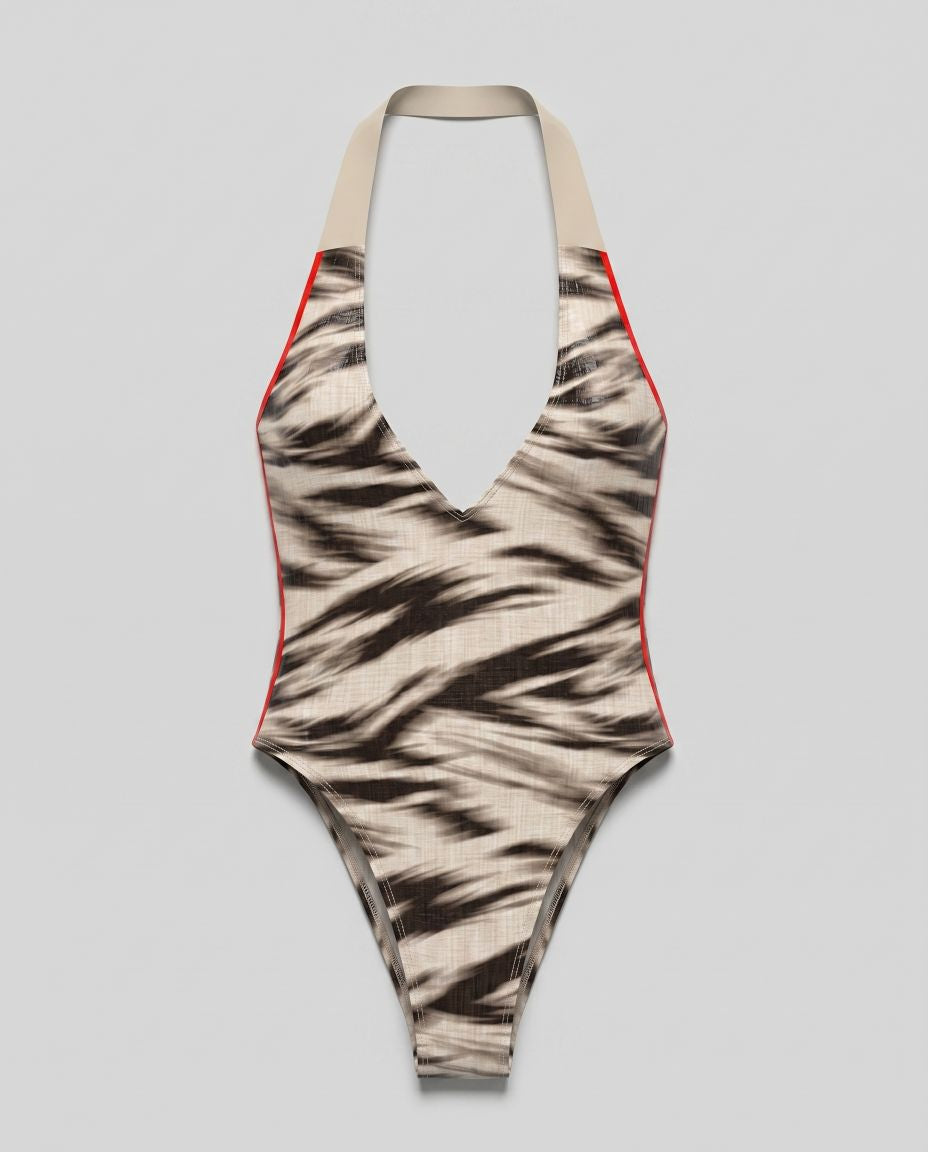 Abstract Zebra Print Halter Swimsuit