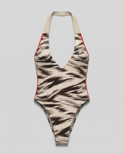 Abstract Zebra Print Halter Swimsuit