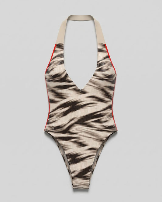 Abstract Zebra Print Halter Swimsuit