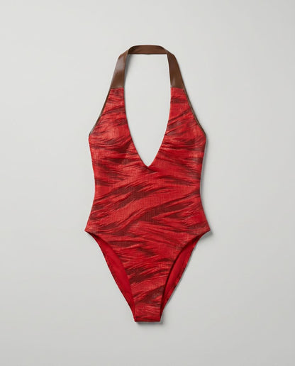 Abstract Zebra Print Halter Swimsuit