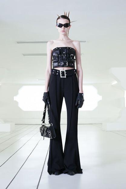 Metal belt flared trousers